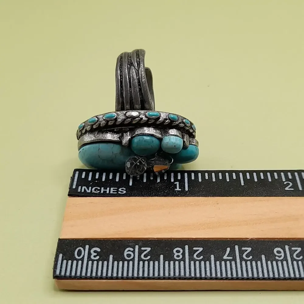 Chico’s Faux Turquoise Beaded Adjustable Ring Silver Tone Cluster Dome Size 8